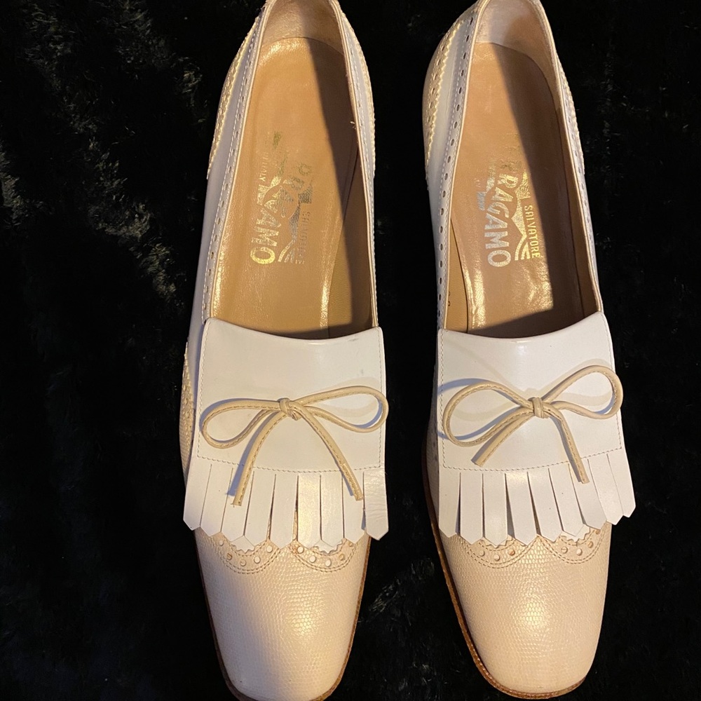 Salvatore Ferragamo White and Beige Loafers